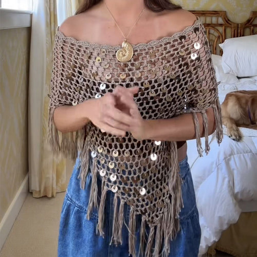Arrival Handmade Crocheted Sequined Tassel Knitted Blouse Boho Hollow Out Cutout Triangle Cape Shawl Tidee