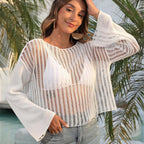 Women Clothing Hollow Out Cutout Woven Short Loose Bell Sleeve Overclothes Beach Cover up Oyimi