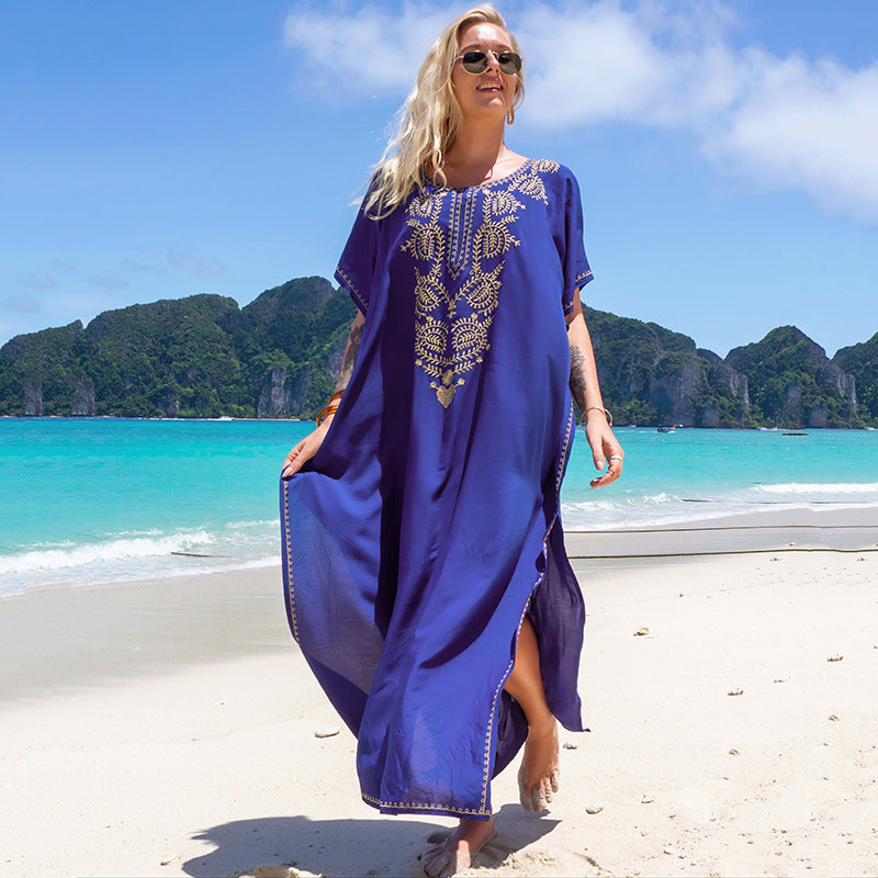 Bata de playa holgada con bordado azul, para vacaciones, para playa, protección solar, bikini, traje de baño, blusa