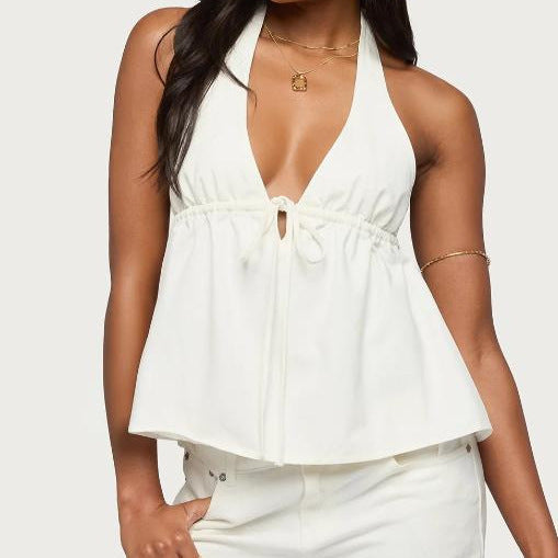 Women Clothing Sexy Dark Halter Lace up Deep V Plunge Denim Top Vest Eedele
