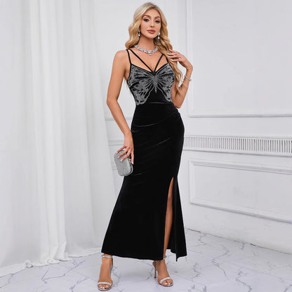 Sexy Velvet Camisole Evening Dress Split Long Sheath Sleeveless Cold Shoulder Diamond Embedded Dress