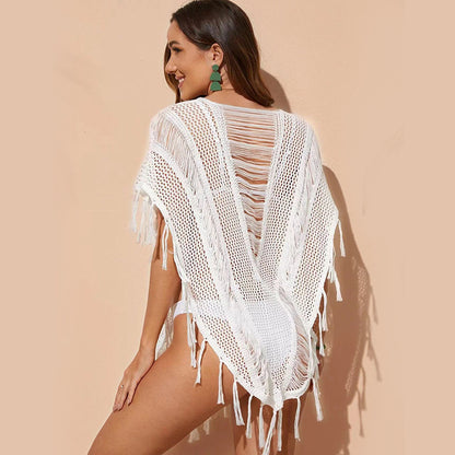 Women Summer Beach Dress Women Solid Color Sexy Knitted Hollow Out Cutout Beach Bikini Swimsuit Blouse Sun-Protective Clothing Fringe Crochet hook