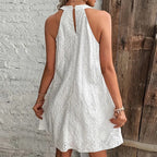 Sleeveless Dress Solid Color Round Neck Halter Sexy Cutout Embroidered Dress EaseMI