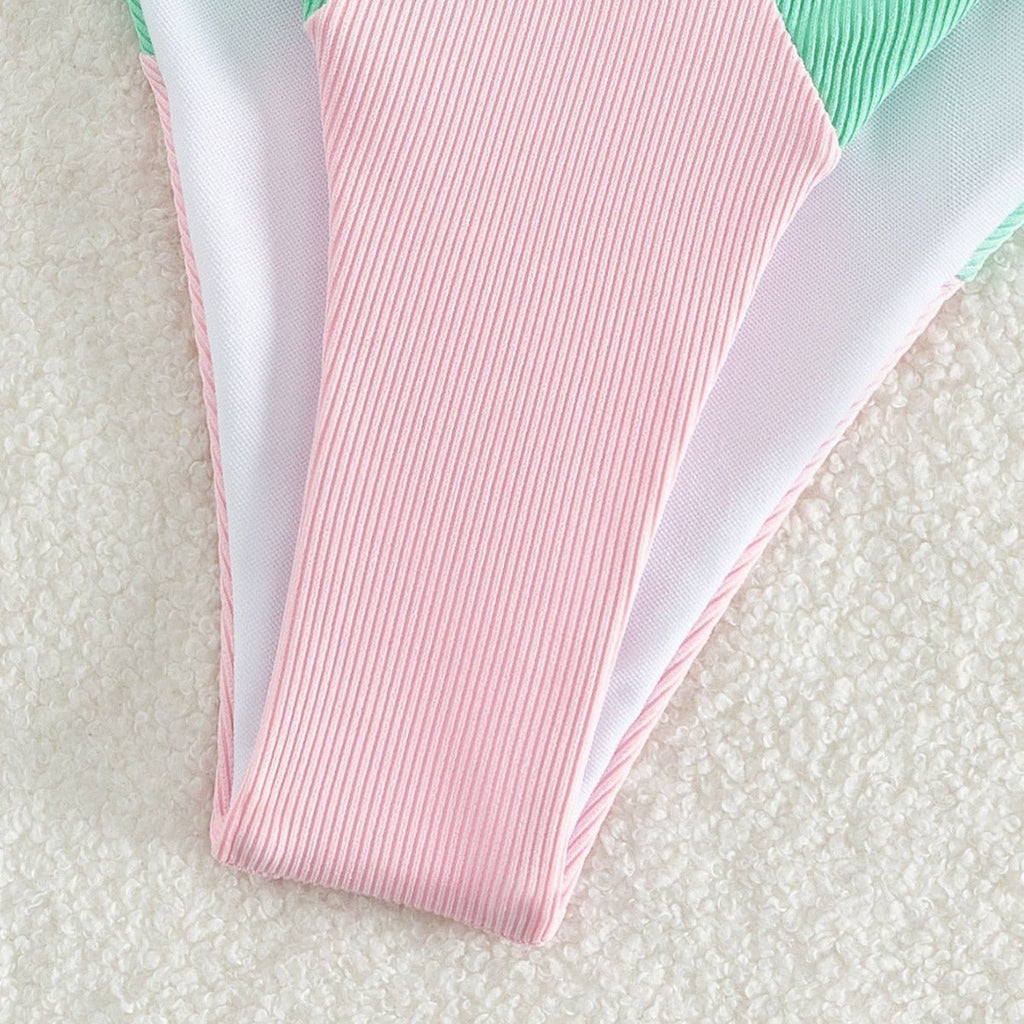 Color Matching Lace up Sunken Stripe High Waist Bikini Sexy Split Swimsuit Serene