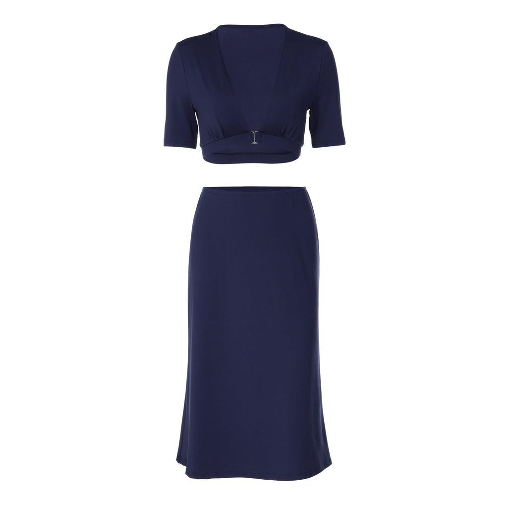 Women Clothing Autumn Deep V Plunge Slimming Waist Trimming Short Sleeved Top Sexy Sheath Skirt Set BULLINGER