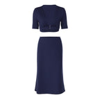 Women Clothing Autumn Deep V Plunge Slimming Waist Trimming Short Sleeved Top Sexy Sheath Skirt Set BULLINGER