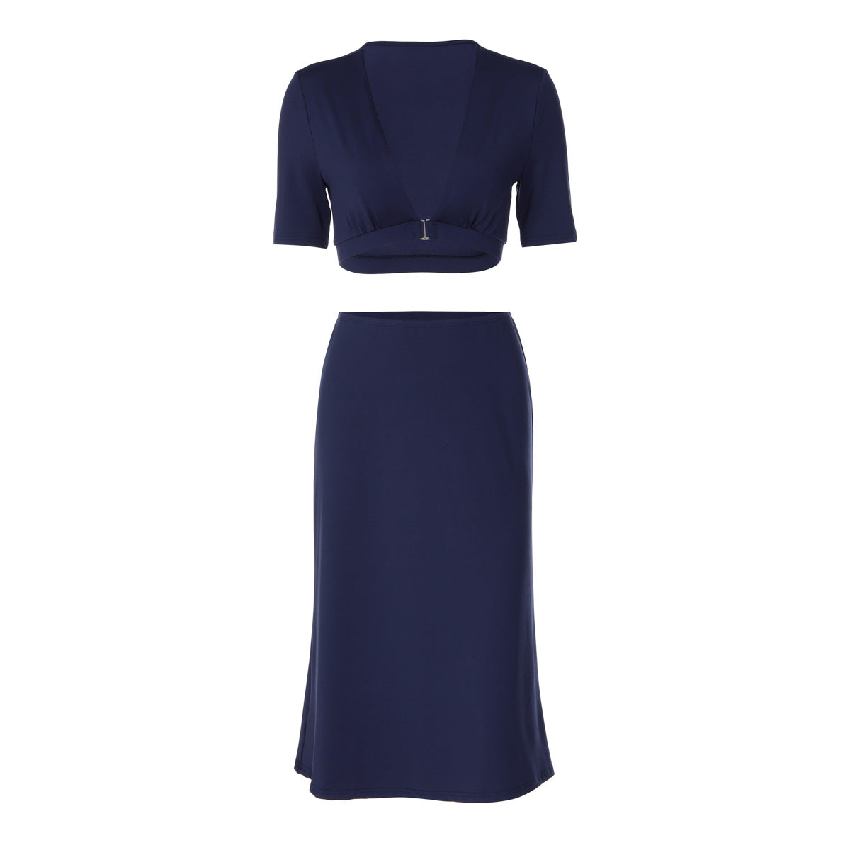 Women Clothing Autumn Deep V Plunge Slimming Waist Trimming Short Sleeved Top Sexy Sheath Skirt Set BULLINGER