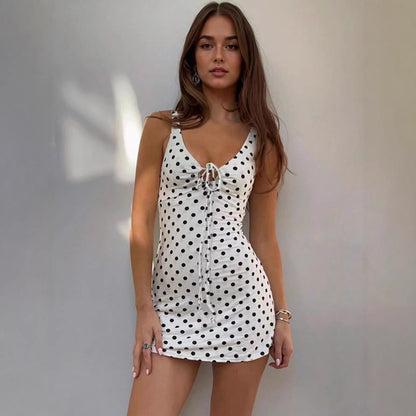 Sexy Polka Dot Print Dress Cinched Short Dress Slim Fit V neck Brace Zaya