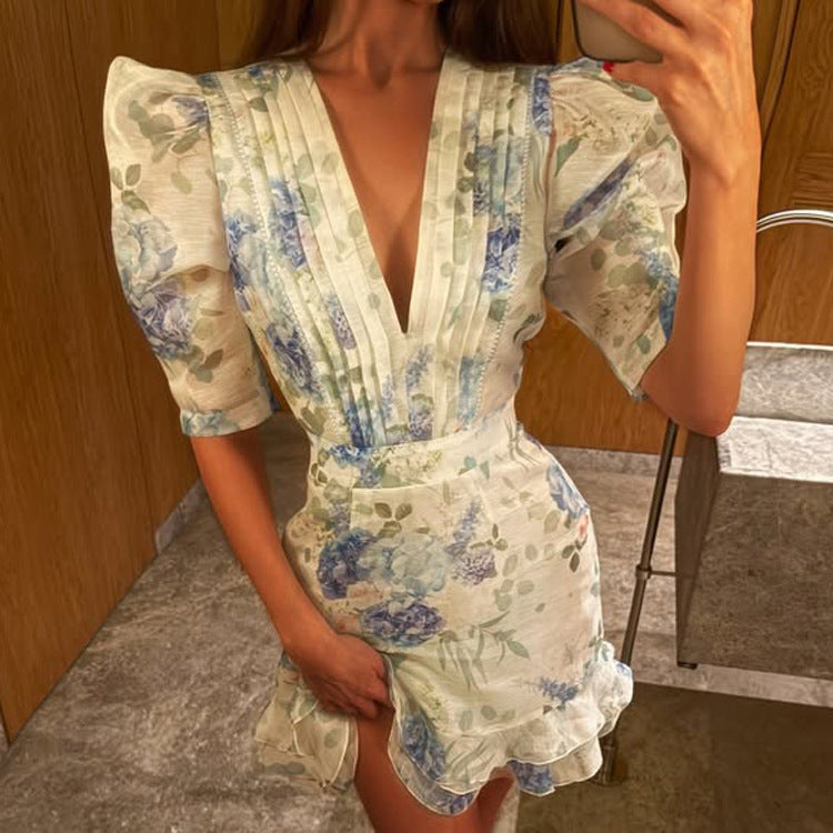 Deep V Plunge neck High Waist French Dress Irregular Asymmetric Hem Short Sleeve Printed Hip Dress Kigali
