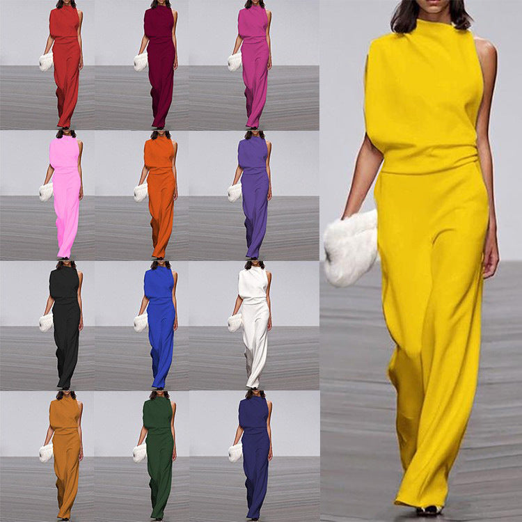 Women Pants Solid Color One Shoulder Pile Collar Jumpsuit Popular Dress Trousers MandyShow