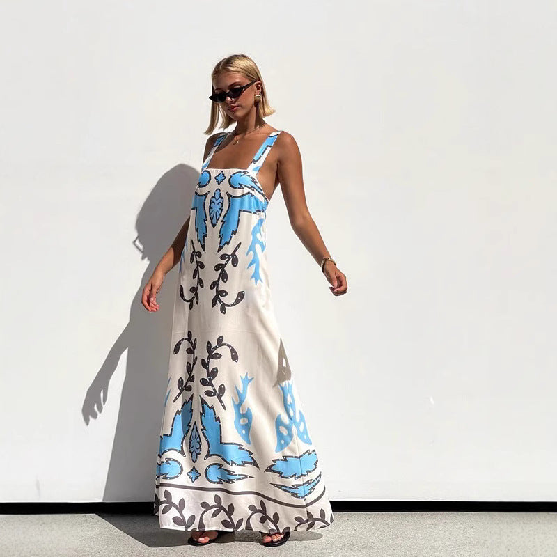 Summer Sexy Spaghetti-Strap Floral Print Dress Casual Loose Vacation Dress Zemy