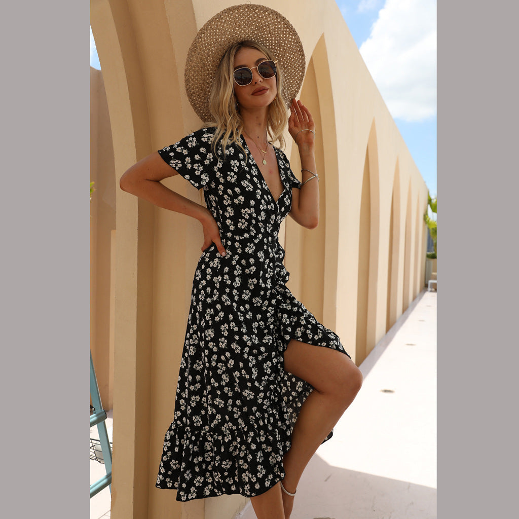 Summer Sexy Chiffon Printed V-neck Dress Ruffled Beach Dress Swintager