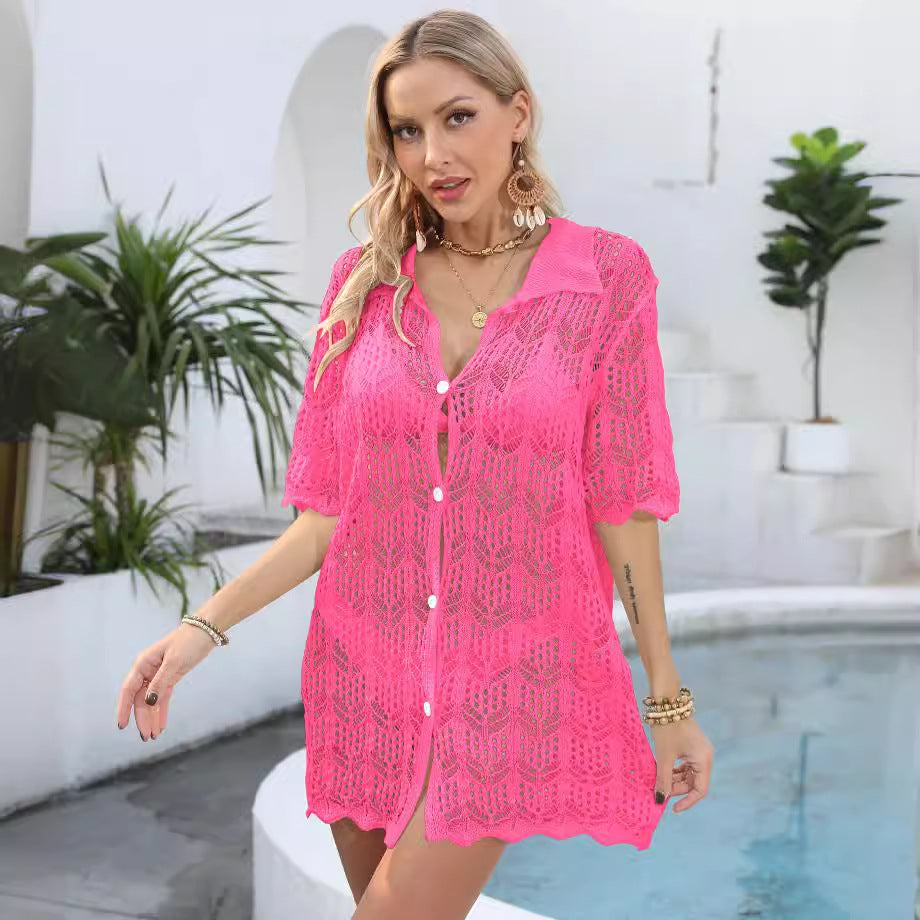 Women Beach Vacation Sun Protection Shirt Hollow Out Cutout Woven Shirt Polo Collar Coat Beach Cover Up Oyimi