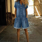 Spring Short Sleeve Multi Pocket Shirt Washed Denim Jumpsuit Shorts Women Clothing NICE