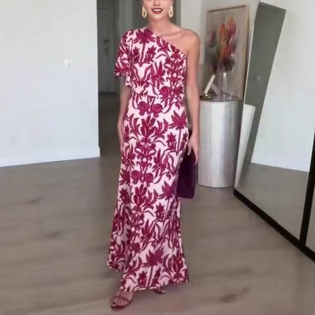 Summer Sexy One Shoulder Printed Dress Maxi Dress Women Gemi