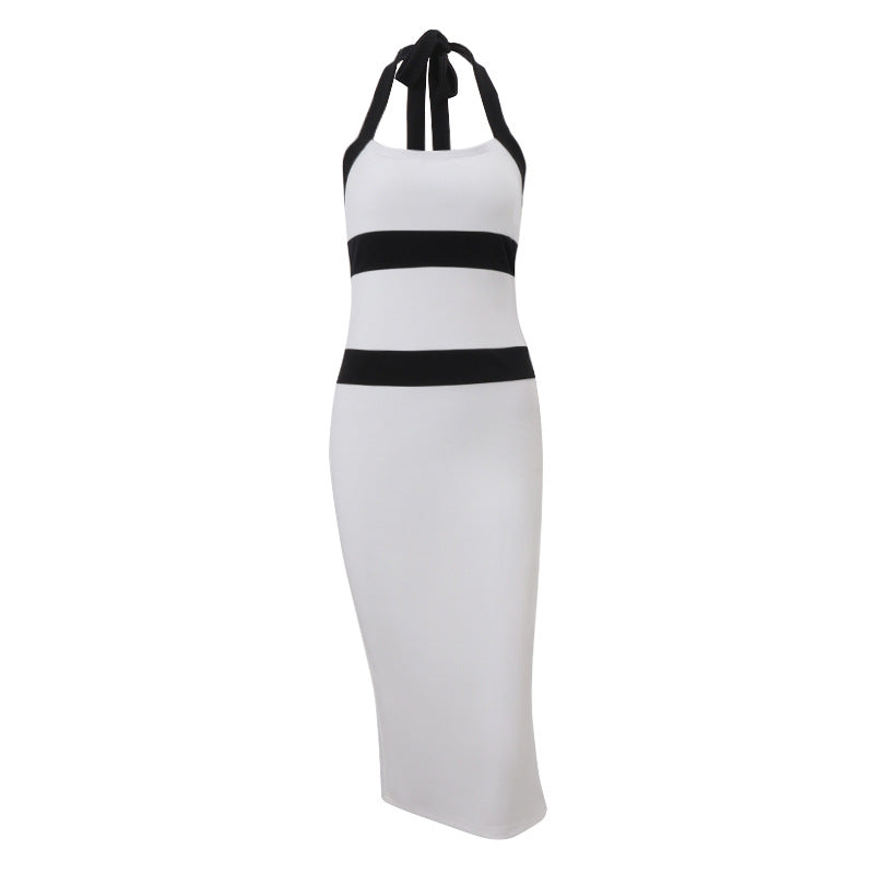 Women Clothing Summer Fashionable Elegant Sexy Slim Fit Halter Color Matching Sheath Dress
