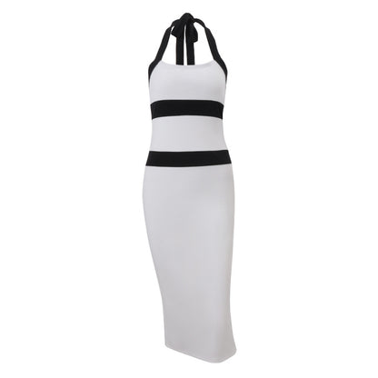 Women Clothing Summer Fashionable Elegant Sexy Slim Fit Halter Color Matching Sheath Dress
