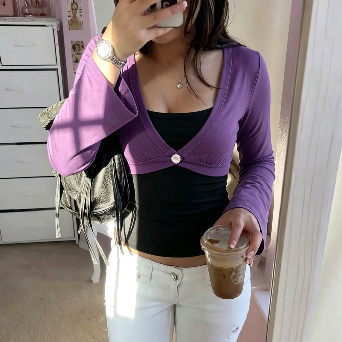 Sexy Contrast Colors False Two Piece Flare Sleeve T shirt Summer Simple Slim Fit Bottoming Top Women LingSharp