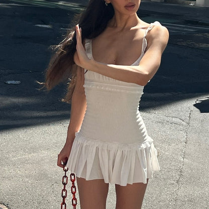Women Clothing Spring Sexy Elegant Wooden Ear Pleated Strap Pleated Dress Short for Women