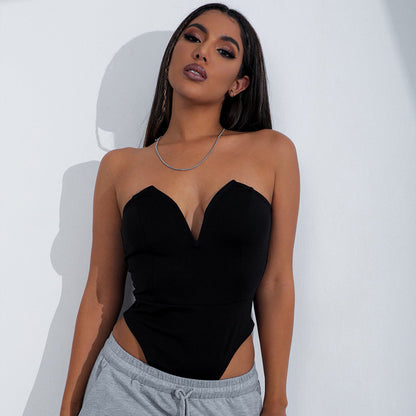 Women Clothing Sexy V Chest Bodysuit Women Tight Bottoming Shirt Slim Fit Figure Flattering Bodysuit