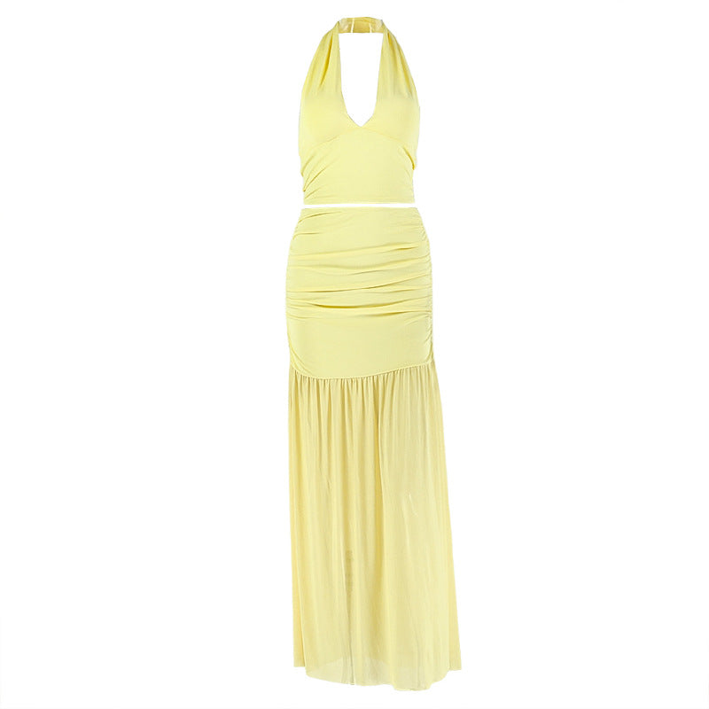 Solid Color Women V neck Sleeveless Skirt Set Halter Casual Package Hip Cropped Two Piece Sets Kinci
