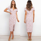Summer Popular Short Sleeve Printed V neck Sexy Slit Dress for Women
