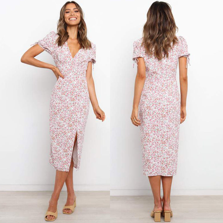 Summer Popular Short Sleeve Printed V neck Sexy Slit Dress for Women