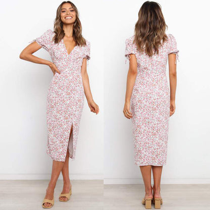 Summer Popular Short Sleeve Printed V neck Sexy Slit Dress for Women