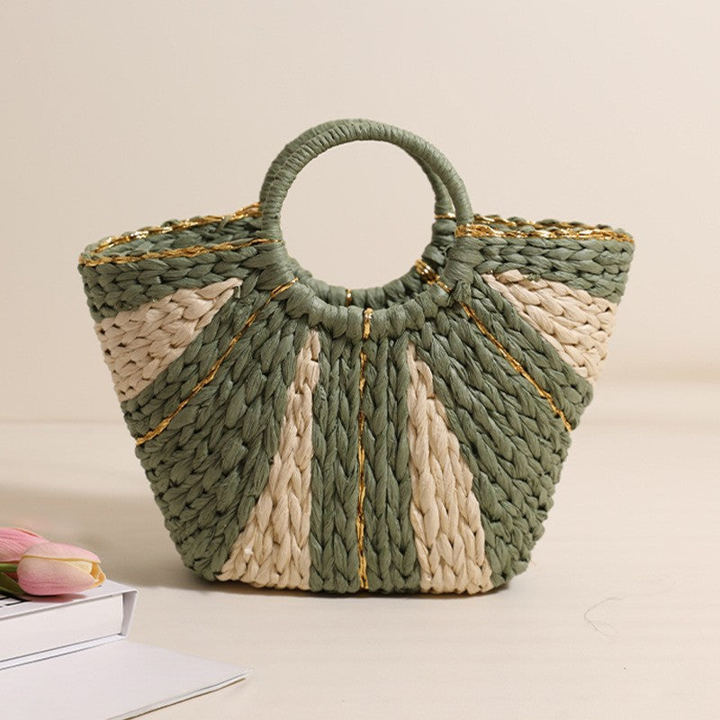 Golden Silk Thread Portable Straw Weaved Bag Large Capacity Tote Vegetable Basket Bag Vacation Beach Bag Hand Carrying Woven Bag EaseWoven