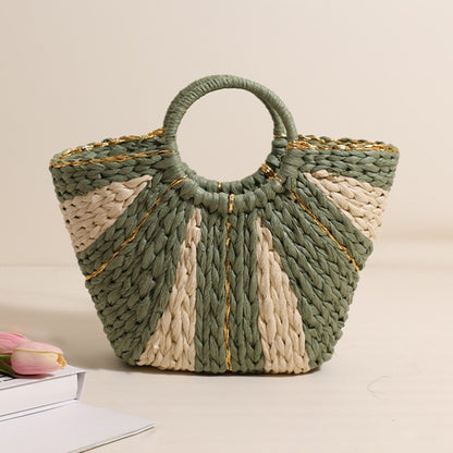 Bolso portátil de paja tejida con hilo de seda dorado, bolso de mano de gran capacidad para verduras, bolso de playa para vacaciones, bolso tejido para llevar a mano. 