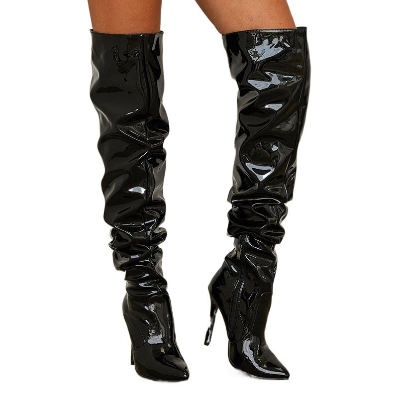 Spring Summer Catwalk Show Patent Leather Slimming Pointed Stiletto Heel Women High Heel Boots Euseen