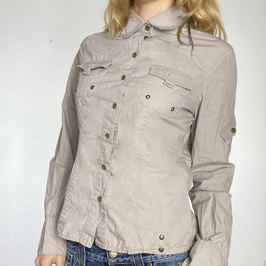 Camisa de otoño con cuello y botones con costuras de bolsillo, cárdigan de manga larga adelgazante con cintura controlada para mujer