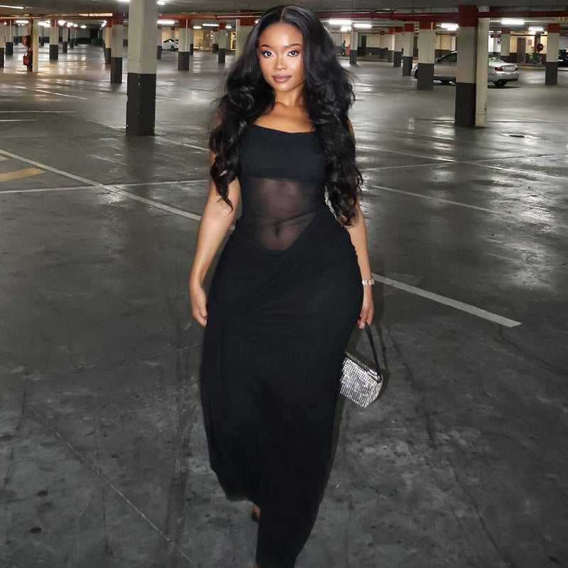 Women Clothing Solid Color Design Slightly Revealed Cropped Hip round Neck Slim Street Maxi Dress Kinci