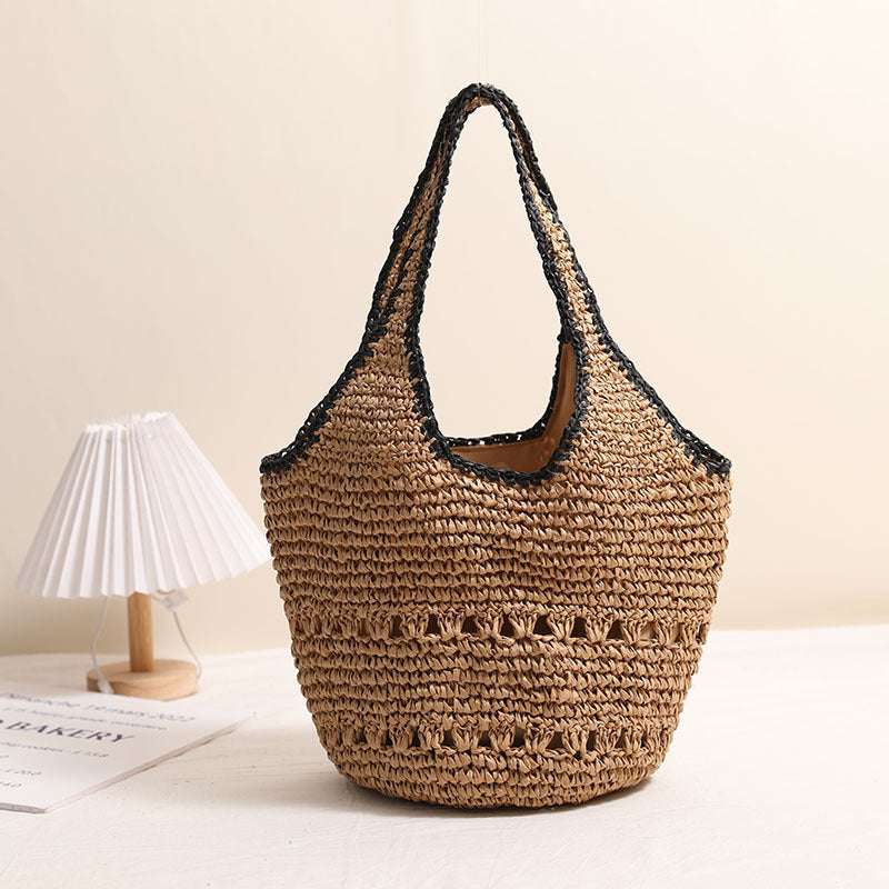Bolso de paja de gran capacidad con un solo hombro, informal, con recortes, portátil, tejido, para playa y vacaciones en la playa. 