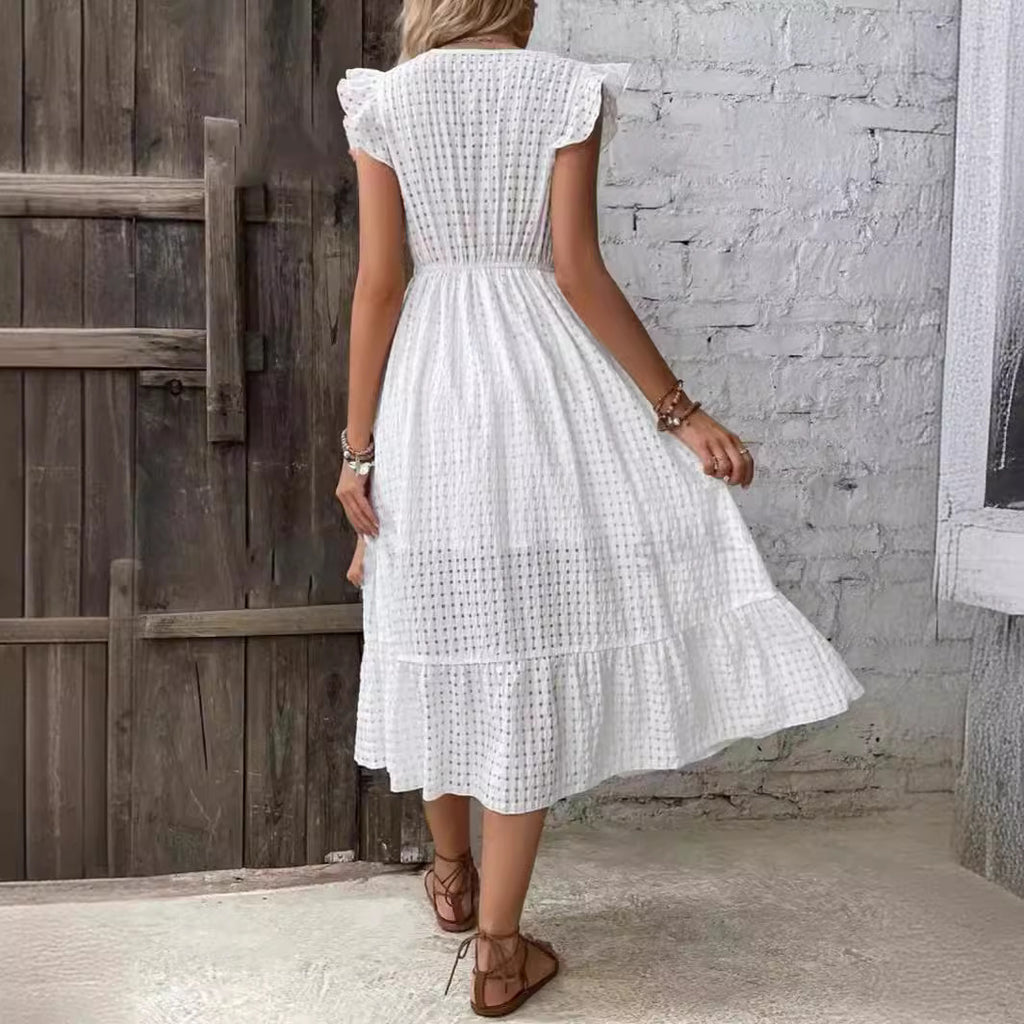 Women Summer Jacquard Hollow Out Cutout V Neck Long Split Dress DIAMOND