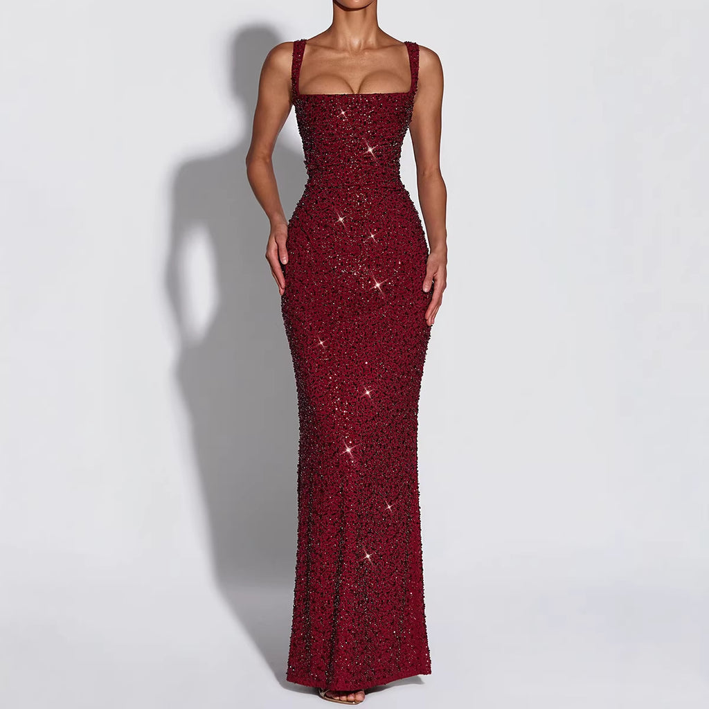 Women Clothing Dress Sequin Sling Evening Dress Dinner Sexy Dress Slim Fit Backless Maxi Dress REBECCA