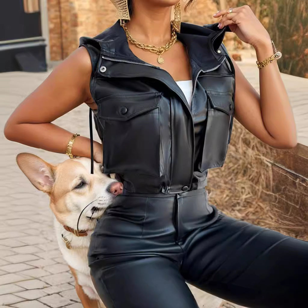Women Clothing Casual Zipper Leather Drawstring Hooded Pocket Faux Leather Short Vest Autumn Winter Venly