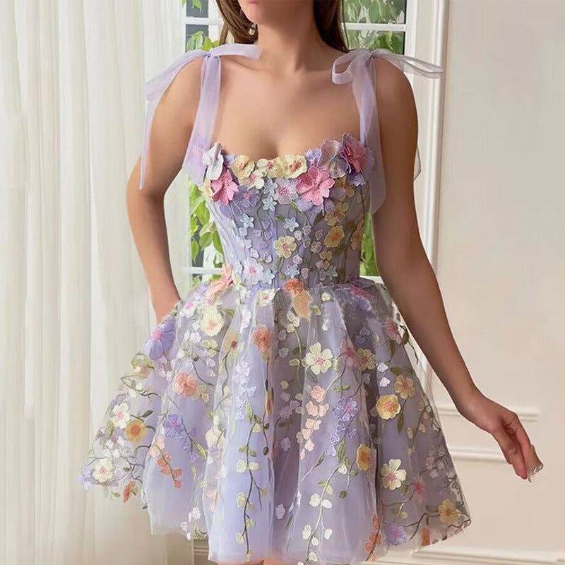 Women Three Dimensional Floral Embroidered Sheath Sexy Cami Dress Organza SCC