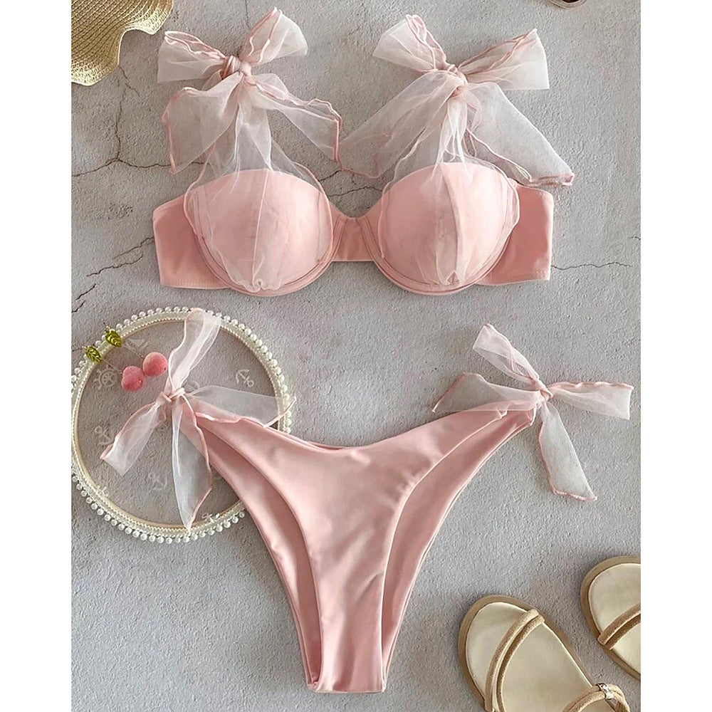 Traje de baño de malla de color sólido con tirantes divididos para mujer, bikini sexy fresco sin espalda