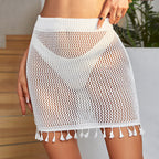 Beach Skirt Women Sexy Knitted Hollow Out Cutout Tassel Bikini Swimsuit Outer Skirt Mangar