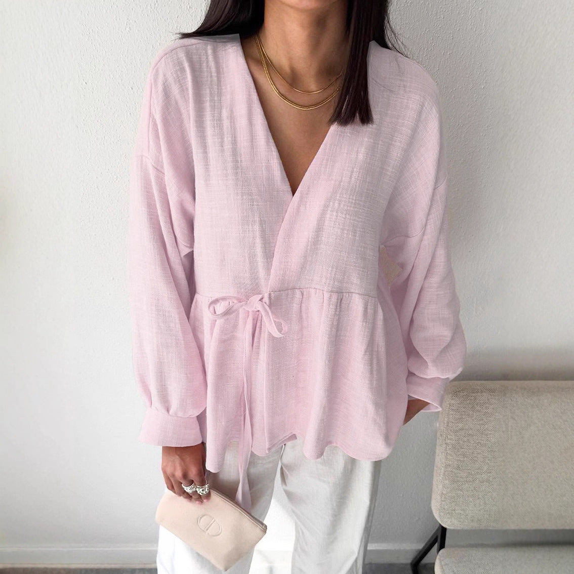 Pantalon en coton et lin uni couleur printemps automne col V Chemise douce et confortable pour femme