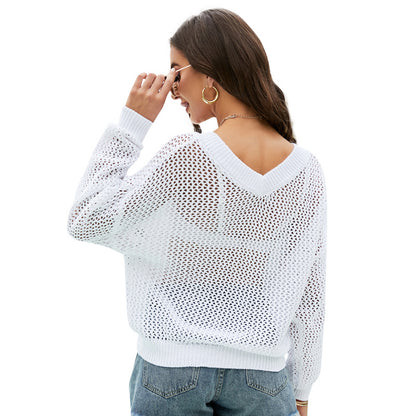 Women Clothing Spring Summer Long Sleeve Pullover Thin Knitted Blouse Casual Loose V-neck Hollow Out Cutout Sweater Crochet