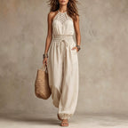 Bohemian Halter Lace Jumpsuit Seaside Holiday Casual Waist Tight Drawstring Ankle Tied Jumpsuit Rogan