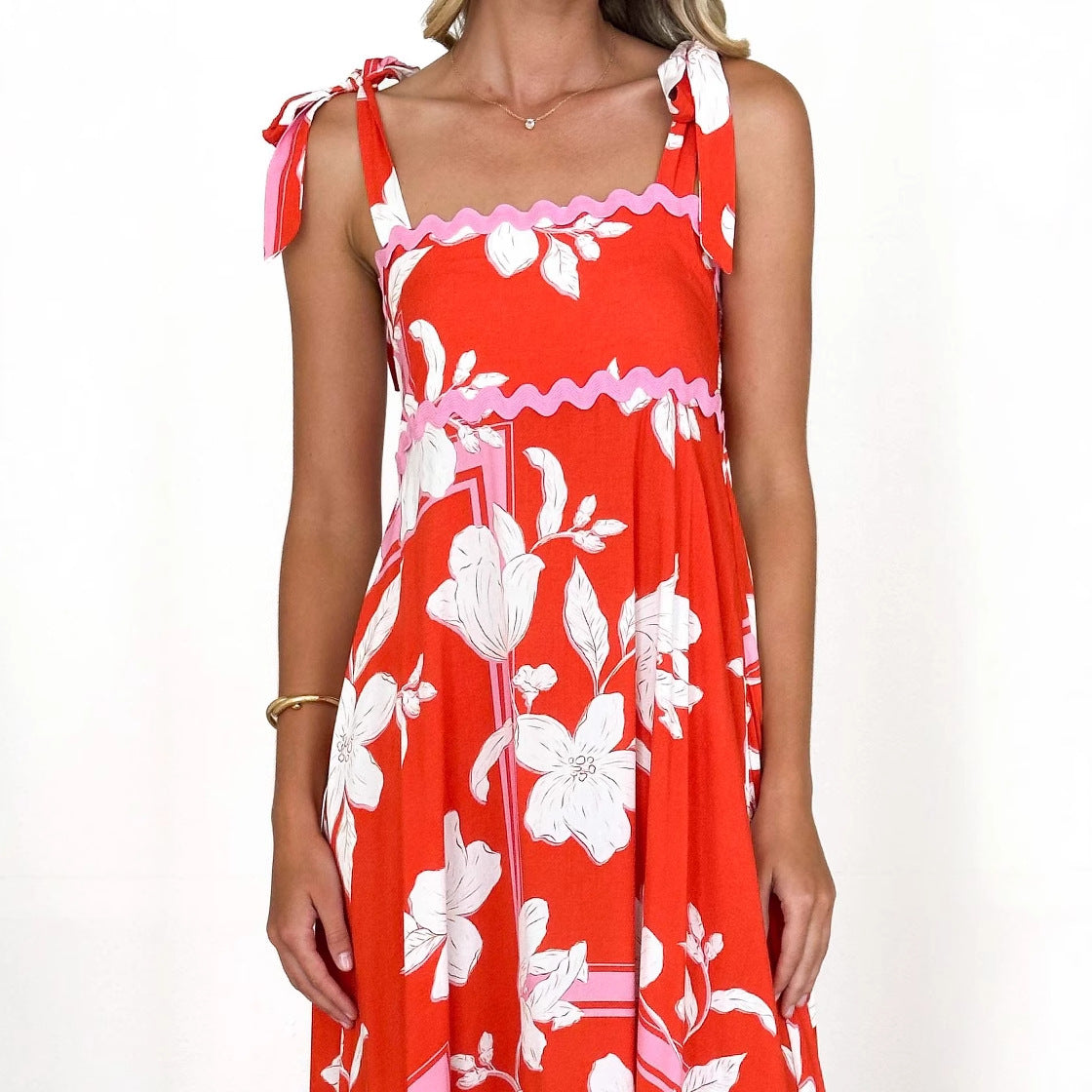 Small Floral Wave Strap Halter A line Dress Women XINXI
