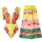 Traje de baño sexy de primavera para mujer, conjunto de falda cruzada con estampado cálido y conservador