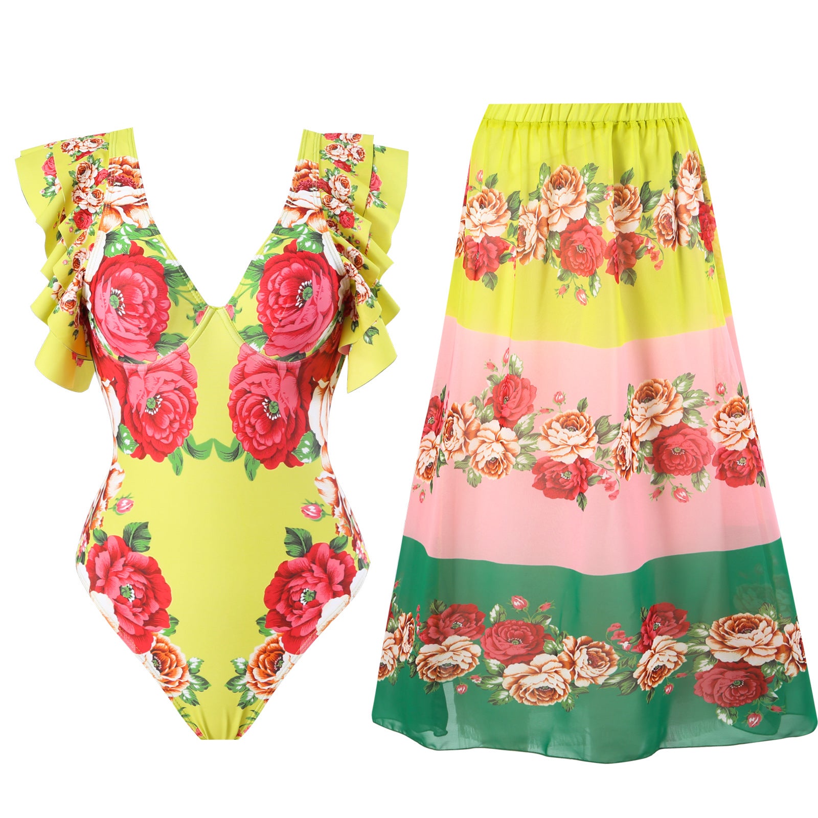 Traje de baño sexy de primavera para mujer, conjunto de falda cruzada con estampado cálido y conservador