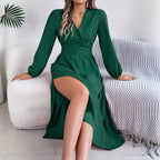 Women Clothing Spring Summer Solid Color V neck Long Sleeve Sexy Slit Dress BAGIISA