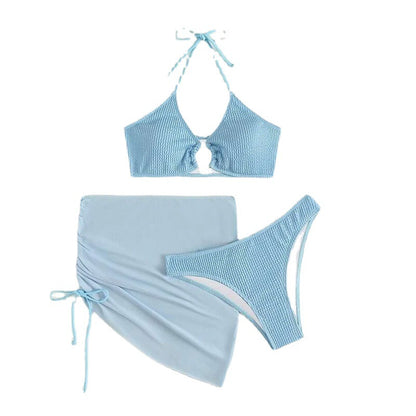 Traje de baño de primavera y verano para mujer, ajustado, de color liso, sexy, con cuello halter, conjunto de tres piezas