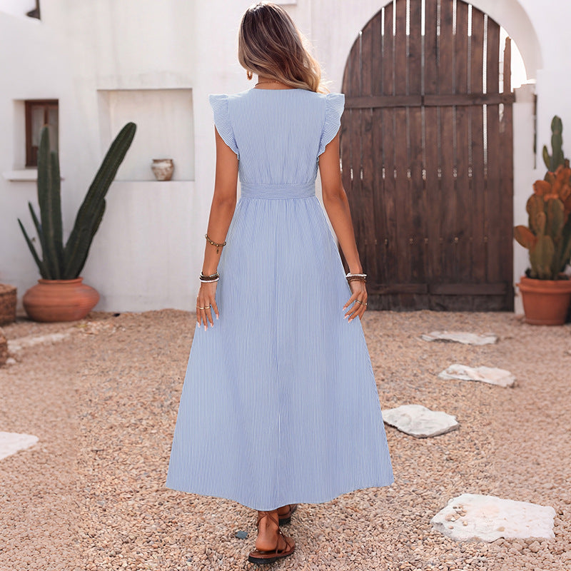 Long Shirt Dress Women Summer Blue Color Striped Flying Sleeve V neck Dress Jeme