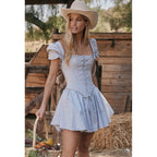 Women Clothing Bubble Sleeve Square Collar Dress Corset Princess Two Piece Sexy Dopamine Wear REBECCA